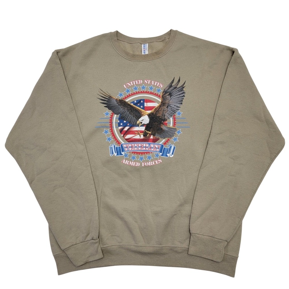 US Veteran Armed Forces Eagle Graphic Sweatshirt Tan Mens Large Jerzees NuBlend